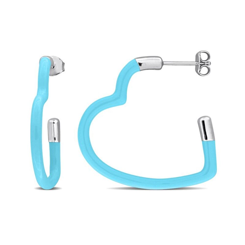 Sterling Silver Open Heart Hoop Earrings with Turquoise Enamel